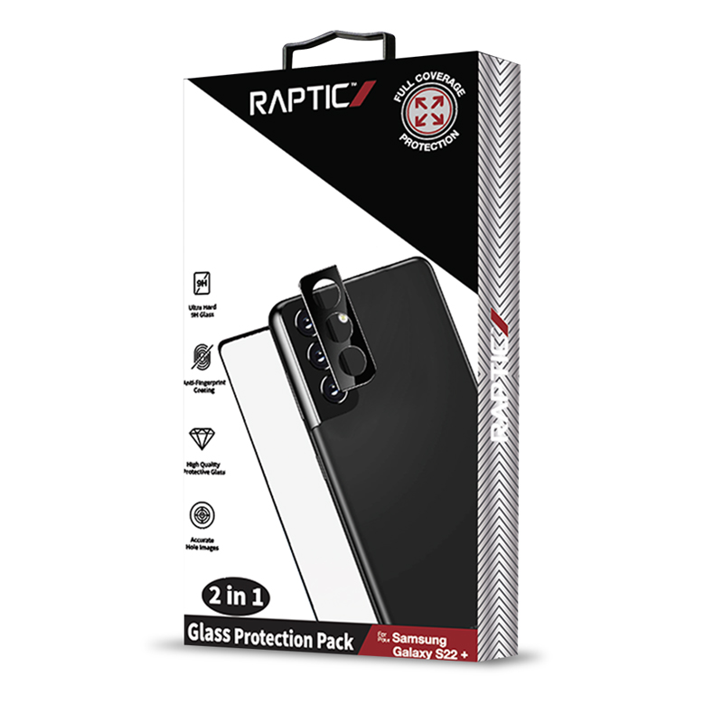 Raptic Glass 2-in-1 apsaugų rinkinys, skirtas Samsung Galaxy S22+: 9H ekrano stiklas ir kameros objektyvų apsauga