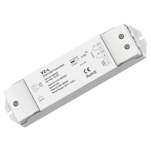 „Skydance“ V2-L CCT LED valdiklis, 12–48 V DC, 2 × 8 A