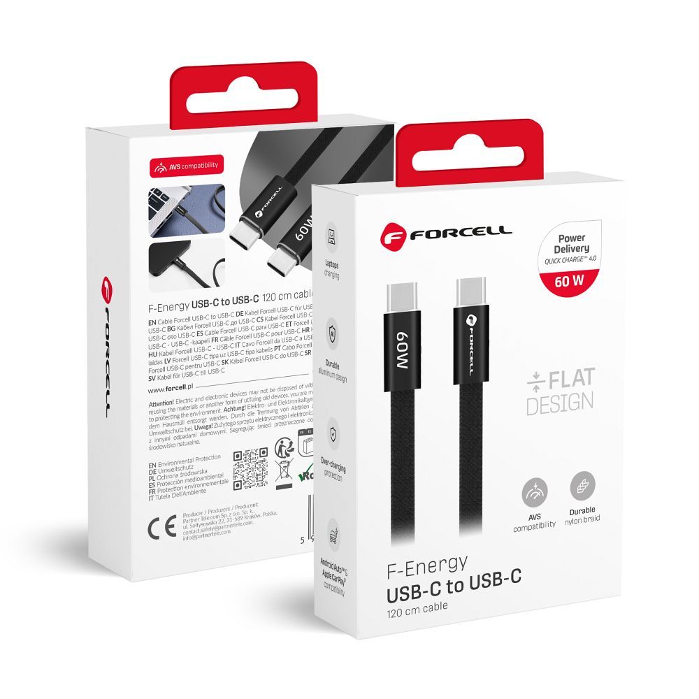 Кабель USB-C — USB-C Forcell F-Energy QC4.0 PD 3A 60W Cafule Flat 1,2 м CCFN23 чёрный
