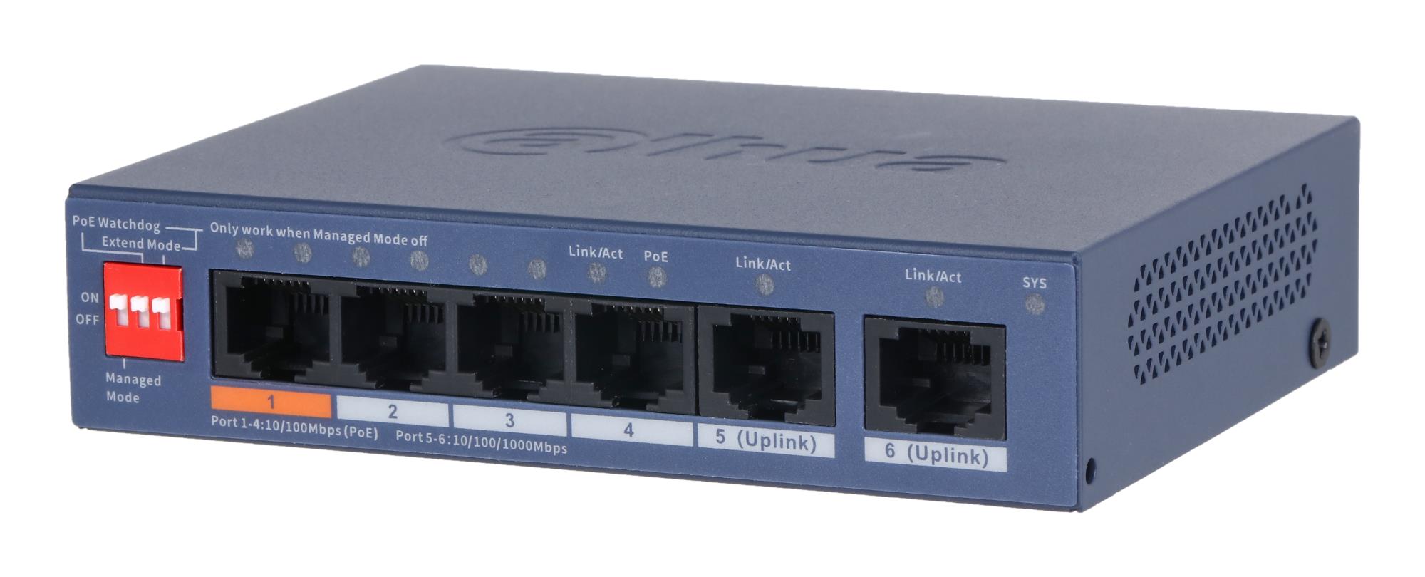 Dahua CS4006-4ET2GT-60 PoE komutatorius: 4 × 100 Mb/s PoE ir 2 × Gigabit uplink