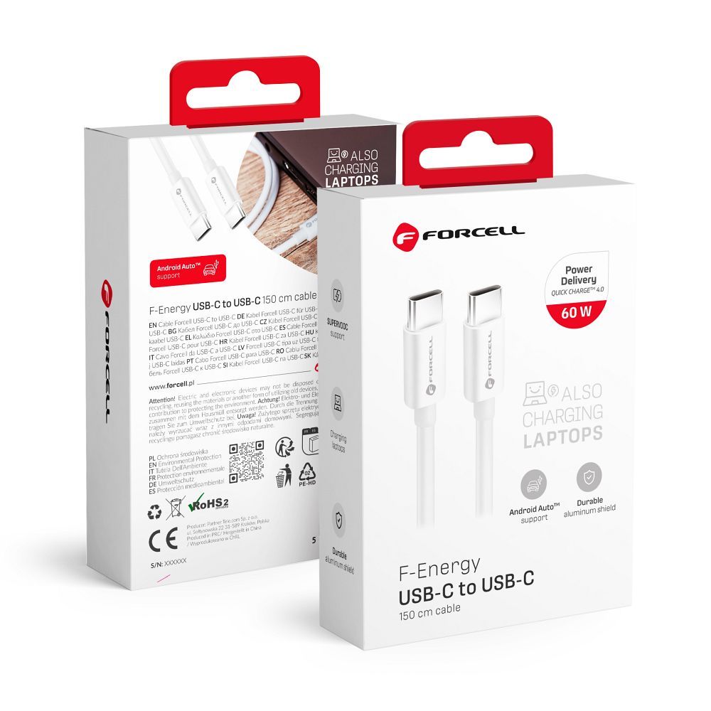 Кабель USB C to USB C Forcell F-Energy QC4.0 PD 3A 60W 1,5 m C338 белый