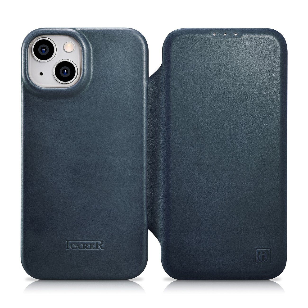 iCarer CE Premium odinis folio dėklas iPhone 14 Plus su MagSafe magnetiniu flipu - mėlynas