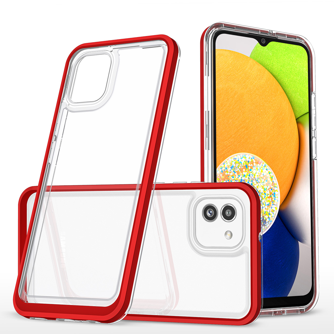 Skaidrus 3in1 dėklas Samsung Galaxy A03 silikoninis dangtelis su rėmeliu raudonas