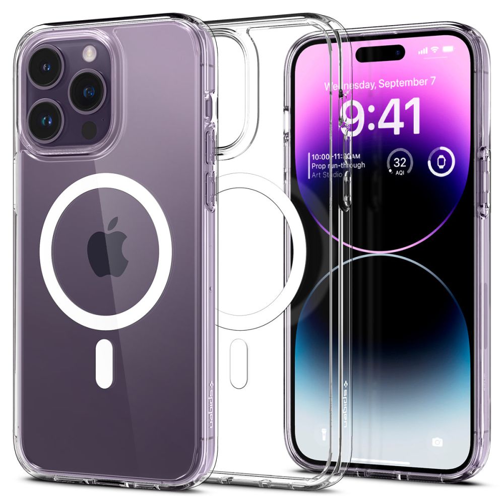 Spigen Ultra Hybrid Magnetinis dėklas su MagSafe iPhone 14 Pro - skaidrus/baltas