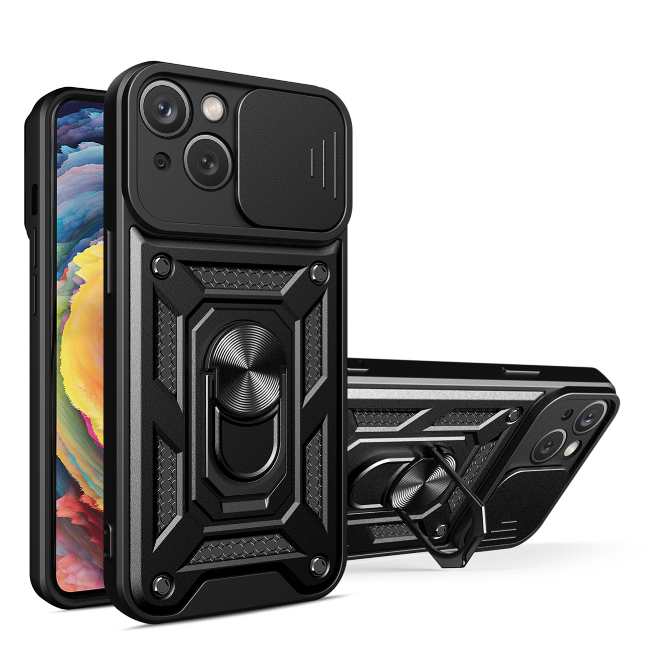 Hybrid Armor Camshield dėklas telefonui Realme 10 Pro+ šarvuotas dėklas su kameros dangteliu juodas