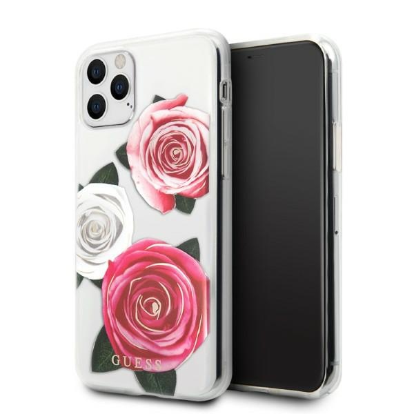 Guess GUHCN58ROSTRT iPhone 11 Pro skaidrus kietas dėklas Gėlių troškimas rožinė ir balta rožė