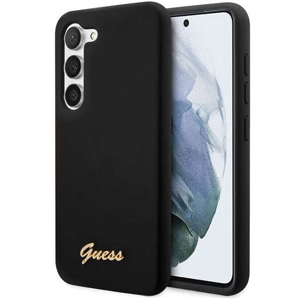 Guess GUHCS23MSLSMK S23+ S916 juodas/juodas kietas dėklas Silikoninis Vintage Gold Logo