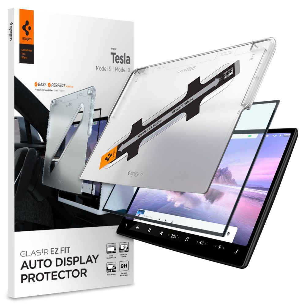 Spigen Glas.tR EZ Fit apsauginis stiklas Tesla Model X 2022 / Model S 2021 - juodas