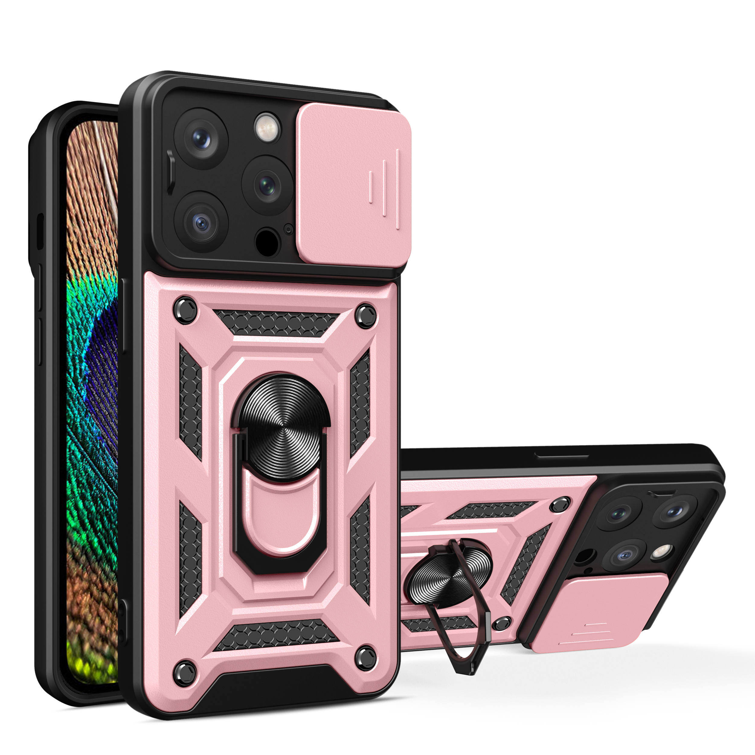 iPhone 15 Pro Max Hibridinis šarvuotas Camshield dėklas su stovu ir kameros dangteliu - rožinis