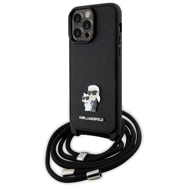 Karl Lagerfeld KLHCP14XSAKCPSK dėklas iPhone 14 Pro Max 6.7" kietas dėklas - juodas kryžminis Saffiano metalinis smeigtukas Karl&Choupette