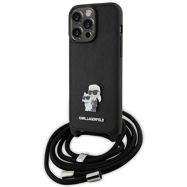 Karl Lagerfeld kryžminis Saffiano metalinis ženkliukas Karl & Choupette dėklas telefonui iPhone 15 Pro Max - juodas
