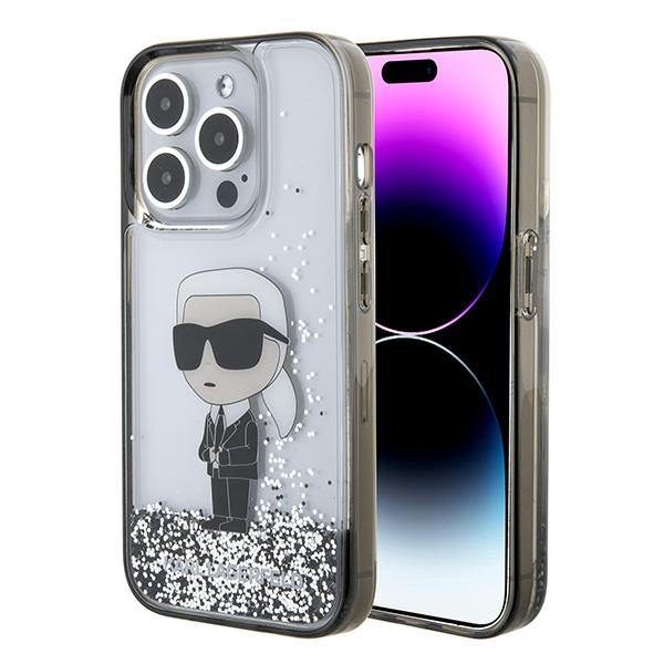 Karl Lagerfeld Liquid Glitter Ikonik dėklas telefonui iPhone 15 Pro - skaidrus