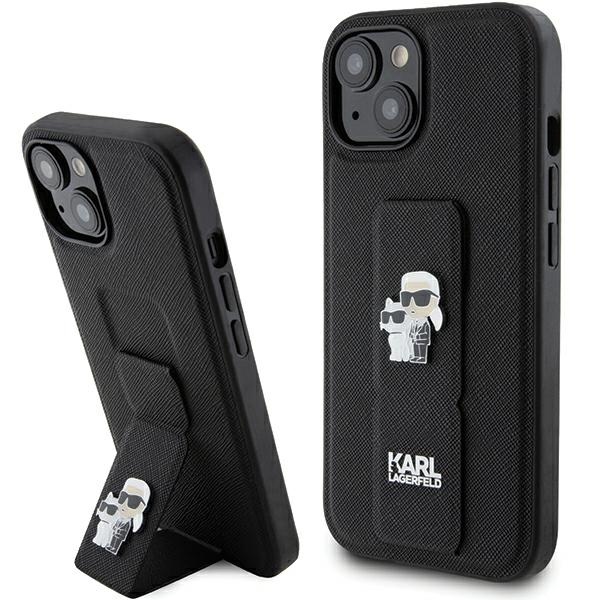 Karl Lagerfeld Gripstand Saffiano Karl&Choupette Pins dėklas telefonui iPhone 15 - juodas
