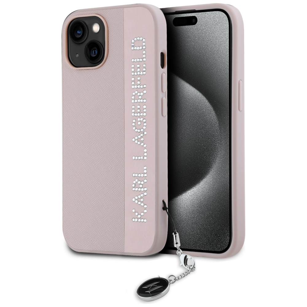Karl Lagerfeld Saffiano Rhinestones & Charm dėklas telefonui iPhone 15 / 14 / 13 - rožinis