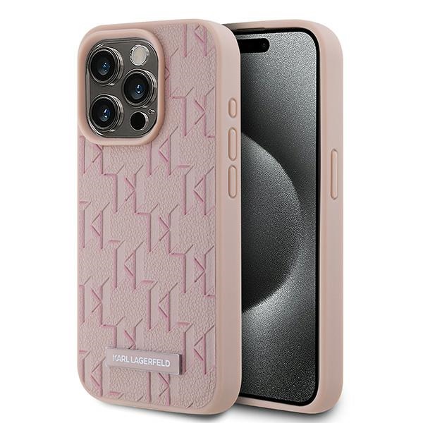 Karl Lagerfeld odinis monograma metalinis logotipas dėklas telefonui iPhone 15 Pro Max - rožinis