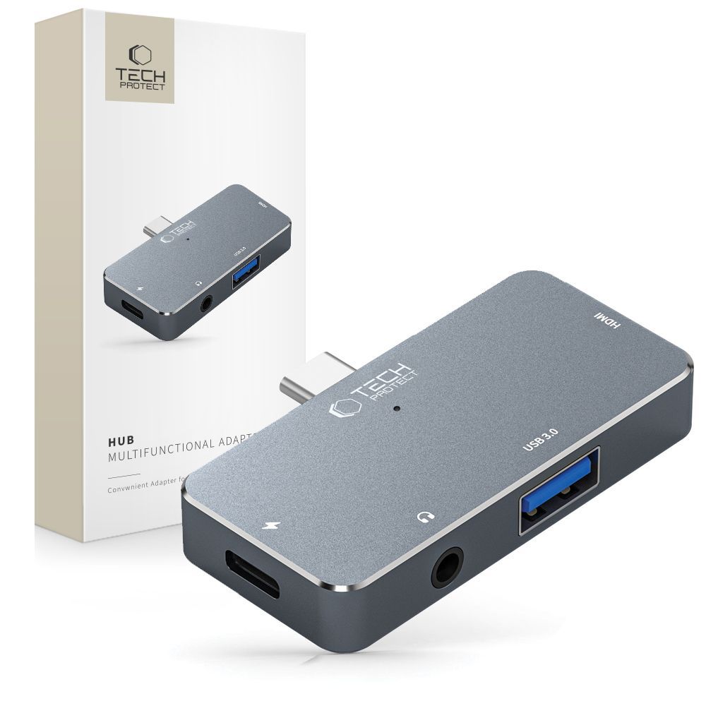 HUB Tech-Protect V6 4in1 USB-C - USB-A 3.0 / USB-C PD100W / HDMI / mini jack 3.5mm - pilkas