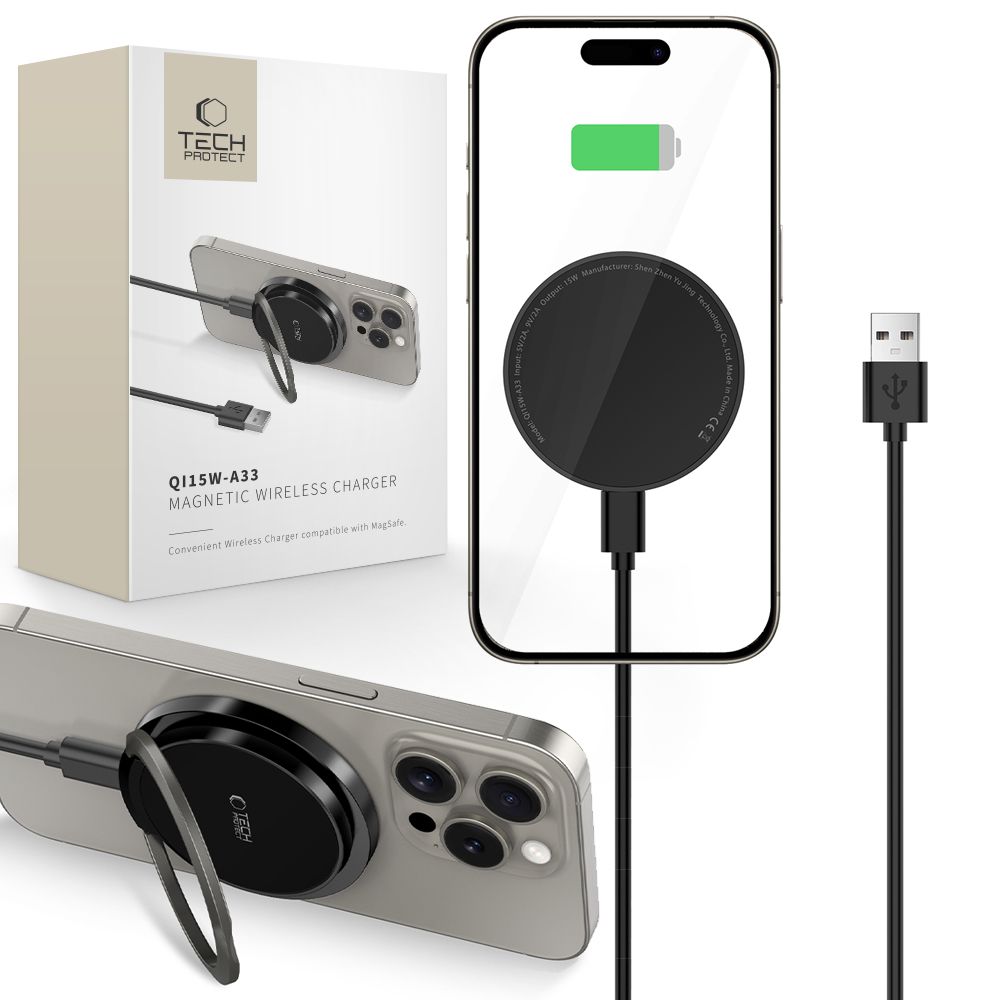 Tech-Protect QI15W-A33 indukcinis įkroviklis su MagSafe ir stovu su USB-A / USB-C kabeliu - juodas