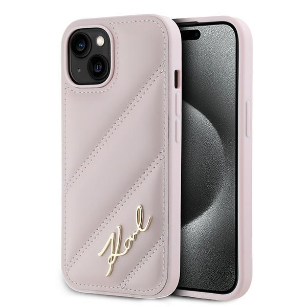 Karl Lagerfeld Diagonal Quilted Script dėklas telefonui iPhone 14 / 15 / 13 - rožinis