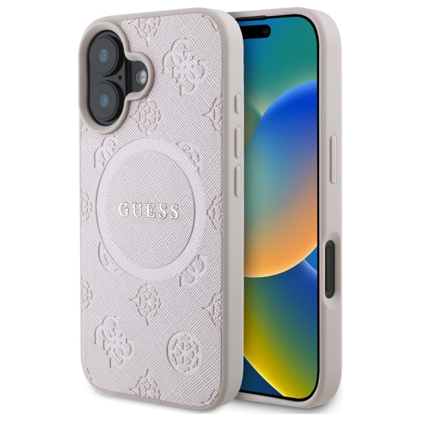 Guess Saffiano bijūno klasikinio logotipo magnetinis dėklas telefonui iPhone 16 - rožinė