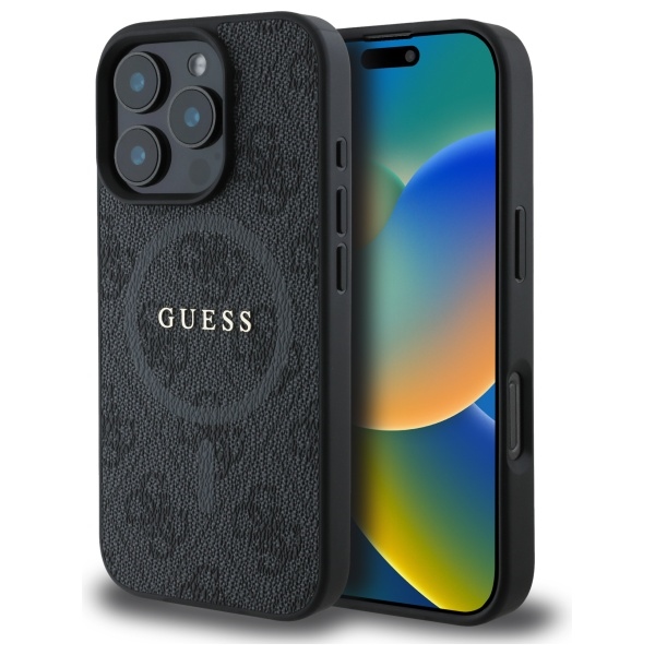 Чехол GUESS для iPhone 16 Pro Max совместимый с MagSafe GUHMP16XG4GFRK (PU 4G Ring Classic Logo) чёрный