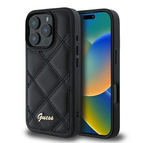 Guess Dygsniuotas Metalinis Logotipas dėklas telefonui iPhone 16 Pro - juodas