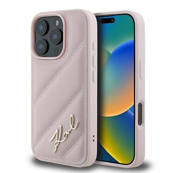 Karl Lagerfeld Dėklas telefonui iPhone 16 Pro Max su dygsniuotu parašu - rožinis