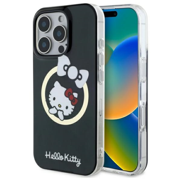 Hello Kitty IML Linksmas kaspinas magnetinis iPhone 16 Pro dėklas - juodas