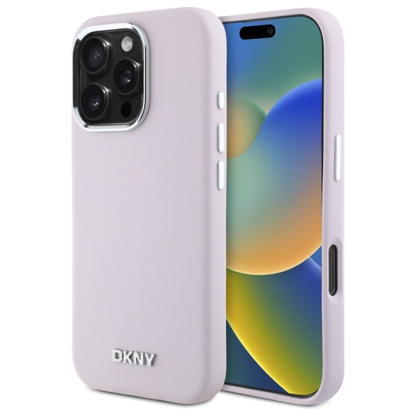 DKNY skystos silikoninės medžiagos dėklas telefonui su mažu metaliniu logotipu magnetinis iPhone 16 Pro - rožinis