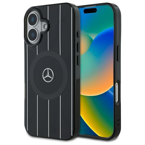 Mercedes MB dvigubo sluoksnio kryžminių linijų Magnetinis dėklas iPhone 16 telefonui - juodas
