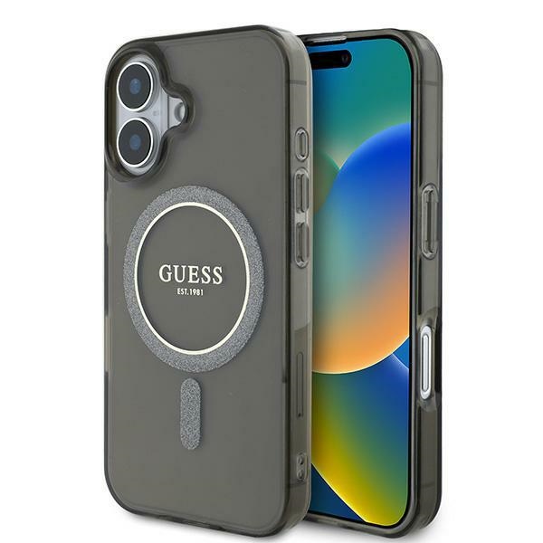 Guess IML Blizgantis ratas MagSafe dėklas iPhone 16 - juodas