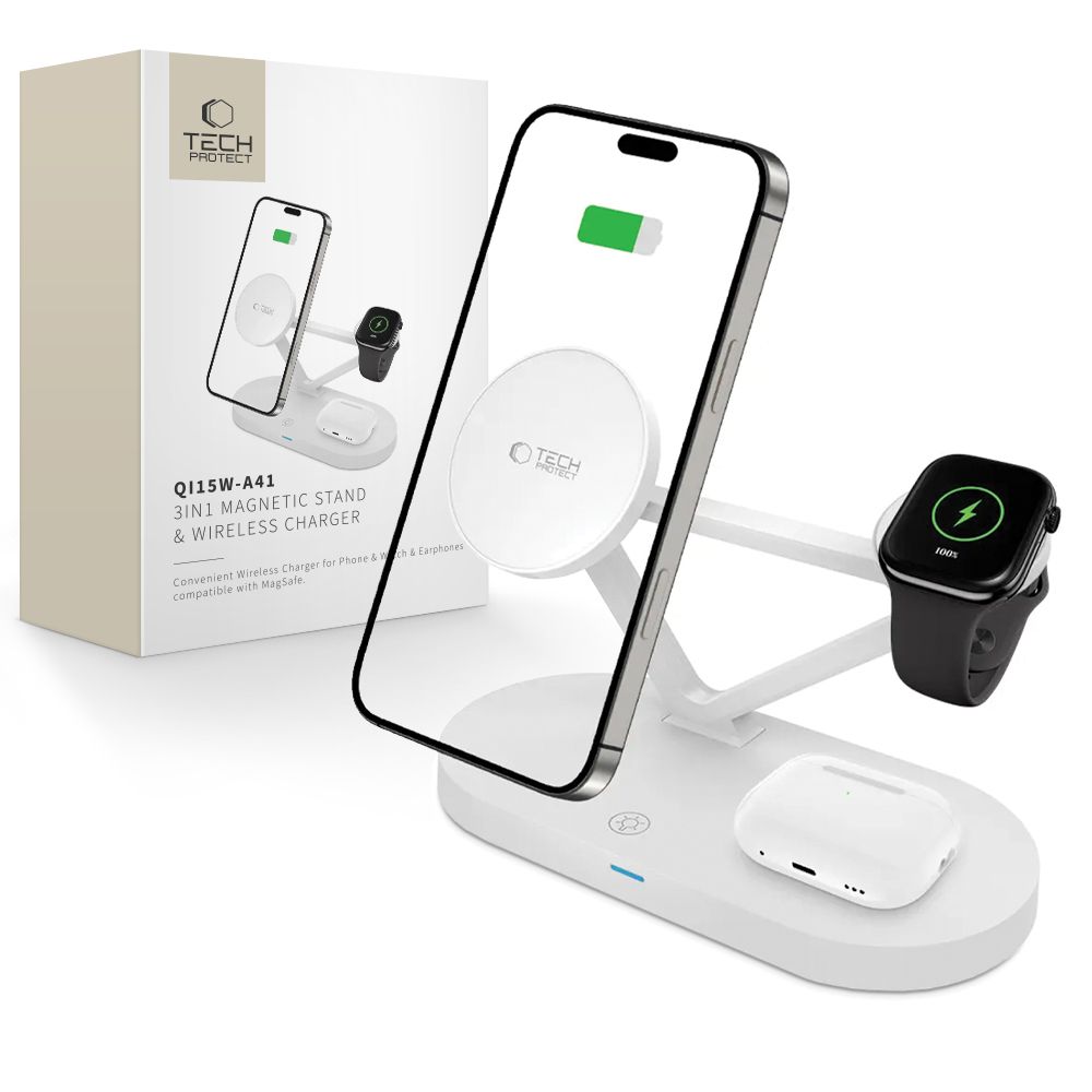 "Tech-Protect QI15W-A41" 3v1 belaidis įkroviklis su "MagSafe", skirtas "Apple" įrenginiams - baltas