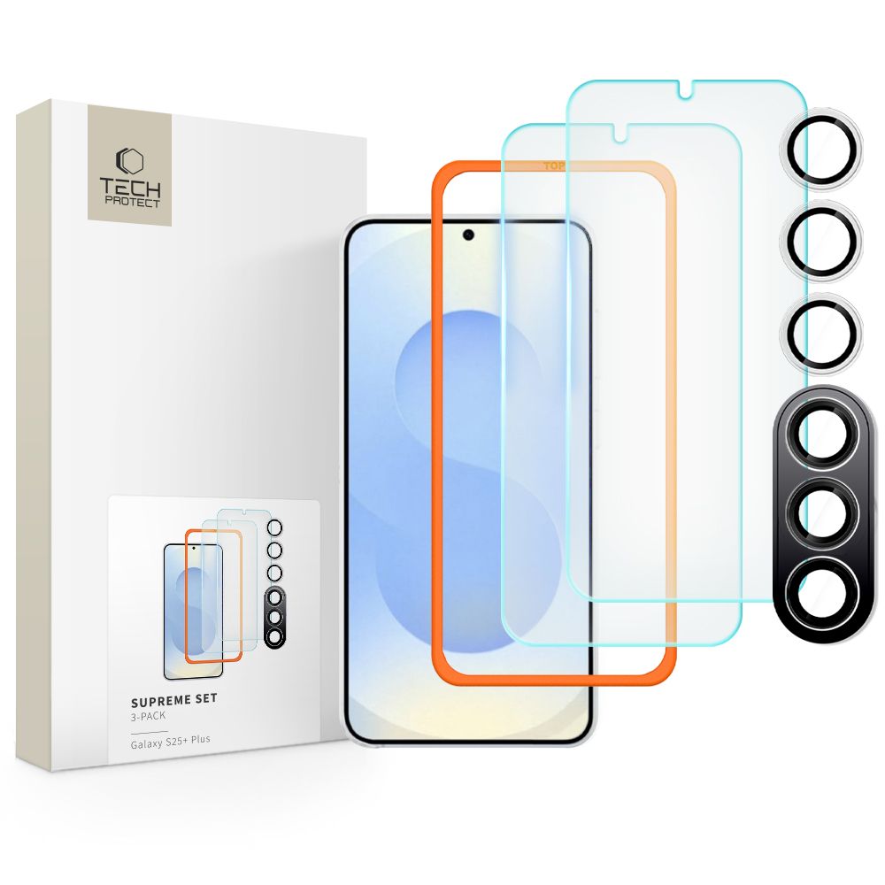 Tech-Protect Supreme rinkinys Samsung Galaxy S25+ 2x grūdintas stiklas ekranui / grūdintas stiklas kamerai - skaidrus