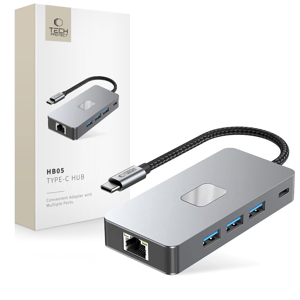 Tech-Protect HB05 HUB 9in1 USB-C + USB2.0 + USB3.0 + HDMI 4K 60Hz + SD / TF + PD100W + RJ45 adapteris - pilkas