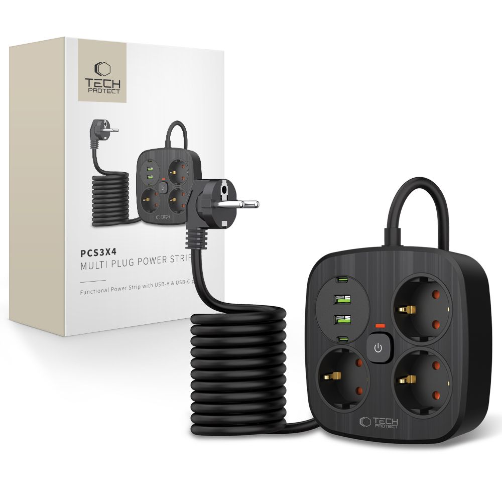 Удлинитель Tech-Protect PCS3X4 3 розетки 2xUSB-A 2xUSB-C 200 см - чёрный