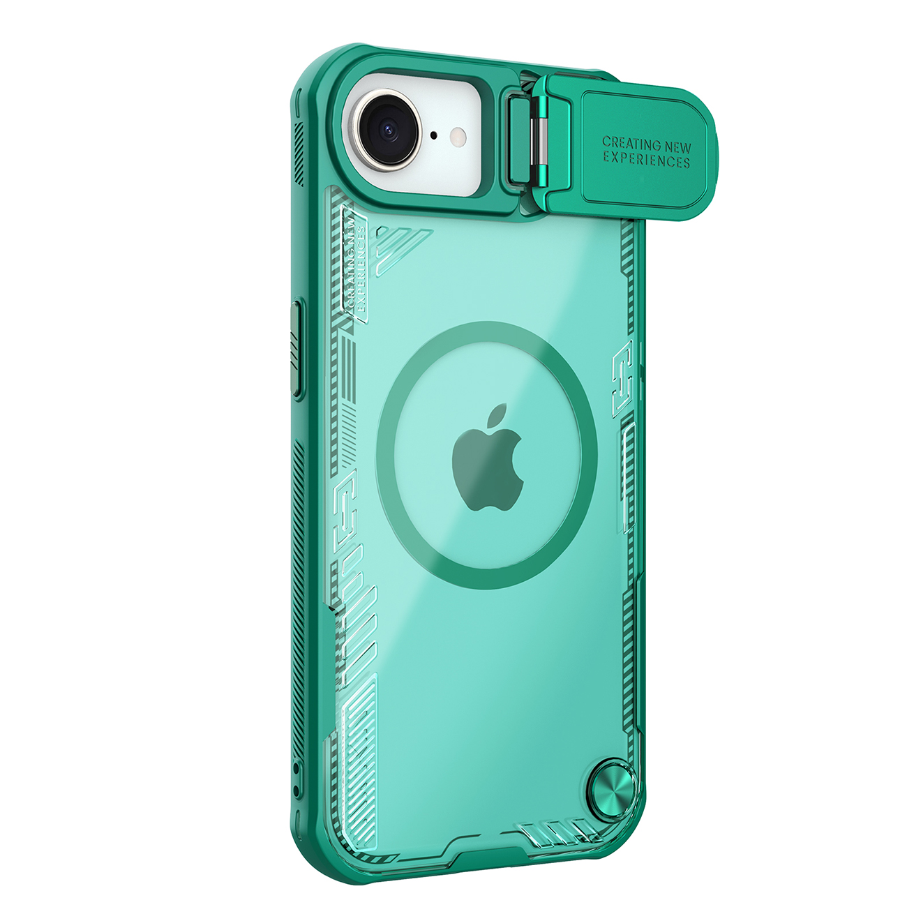 Nillkin Iceblade Prop magnetinis dėklas su kameros dangteliu ir stovu iPhone 16e telefonui - žalias