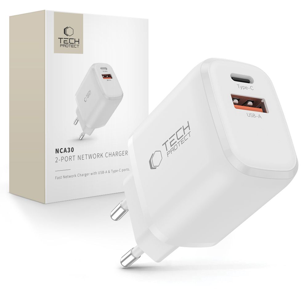 Tech-Protect NCA30 PD 30W QC3.0 USB-A / USB-C sieninis įkroviklis - baltas