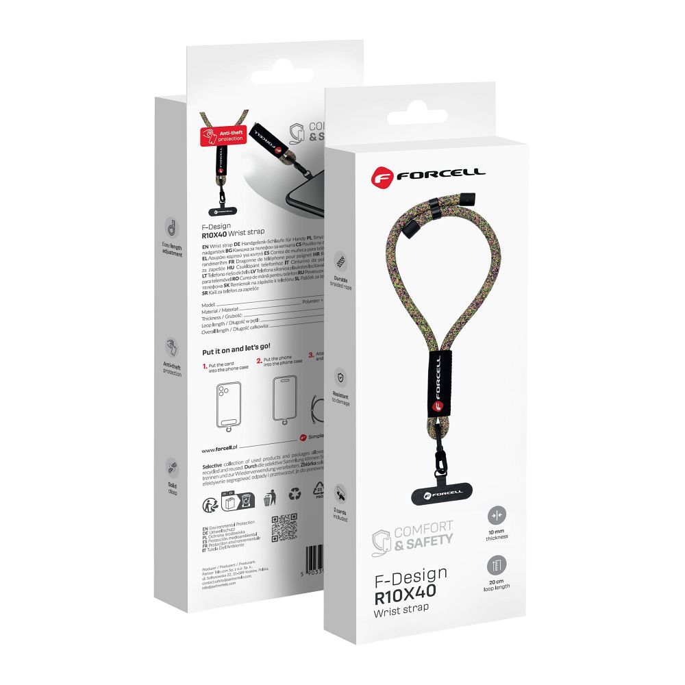 Forcell F-Design R10X40 шнурок на запястье для телефона регулируемой длины (макс. 20см в петле) зелёно-розово-фиолетовый