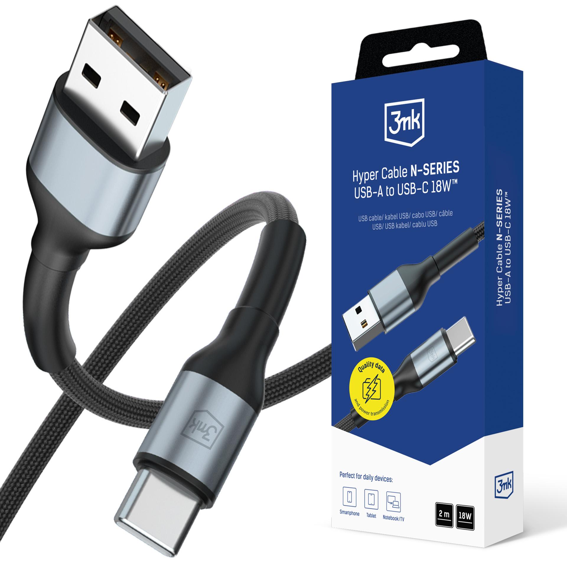 3mk Hyper Cable N-SERIES USB-A / USB-C 2m 9V/2A 18W laidas - juodas