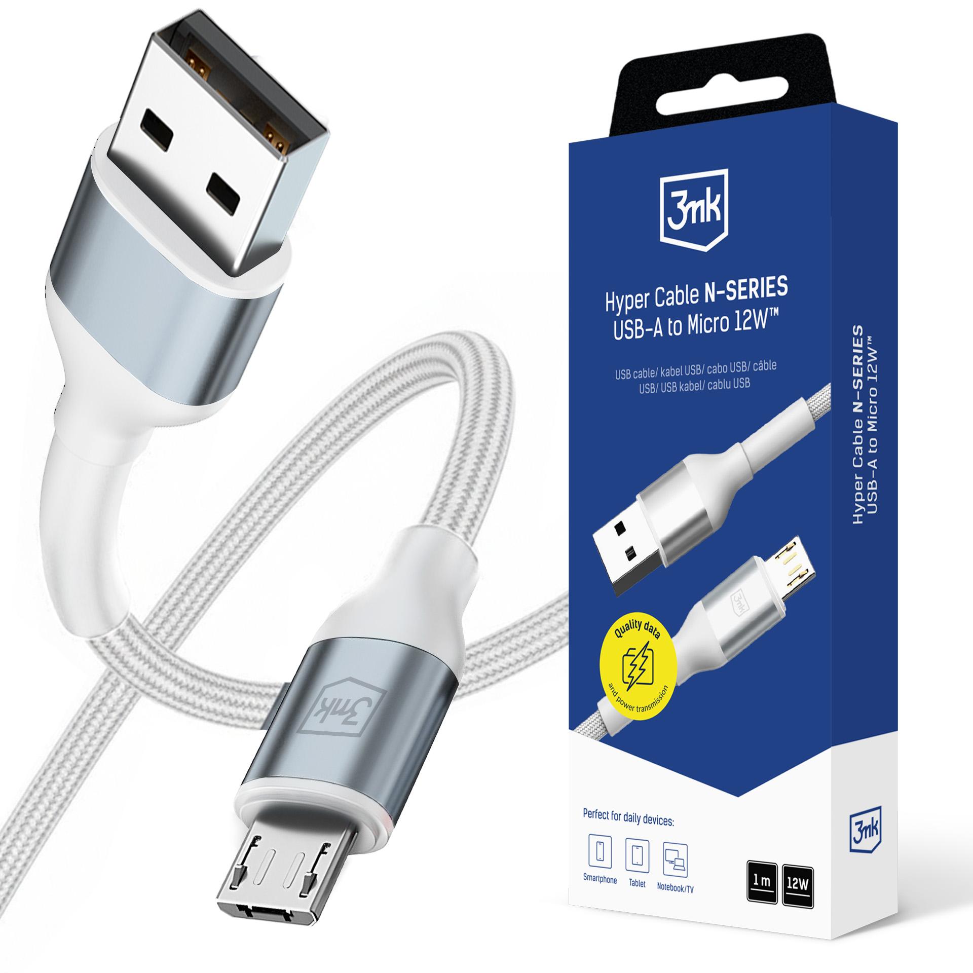 3mk Hyper Cable N-SERIES USB-A / MicroUSB 1m 5V/2.4A 12W laidas - baltas