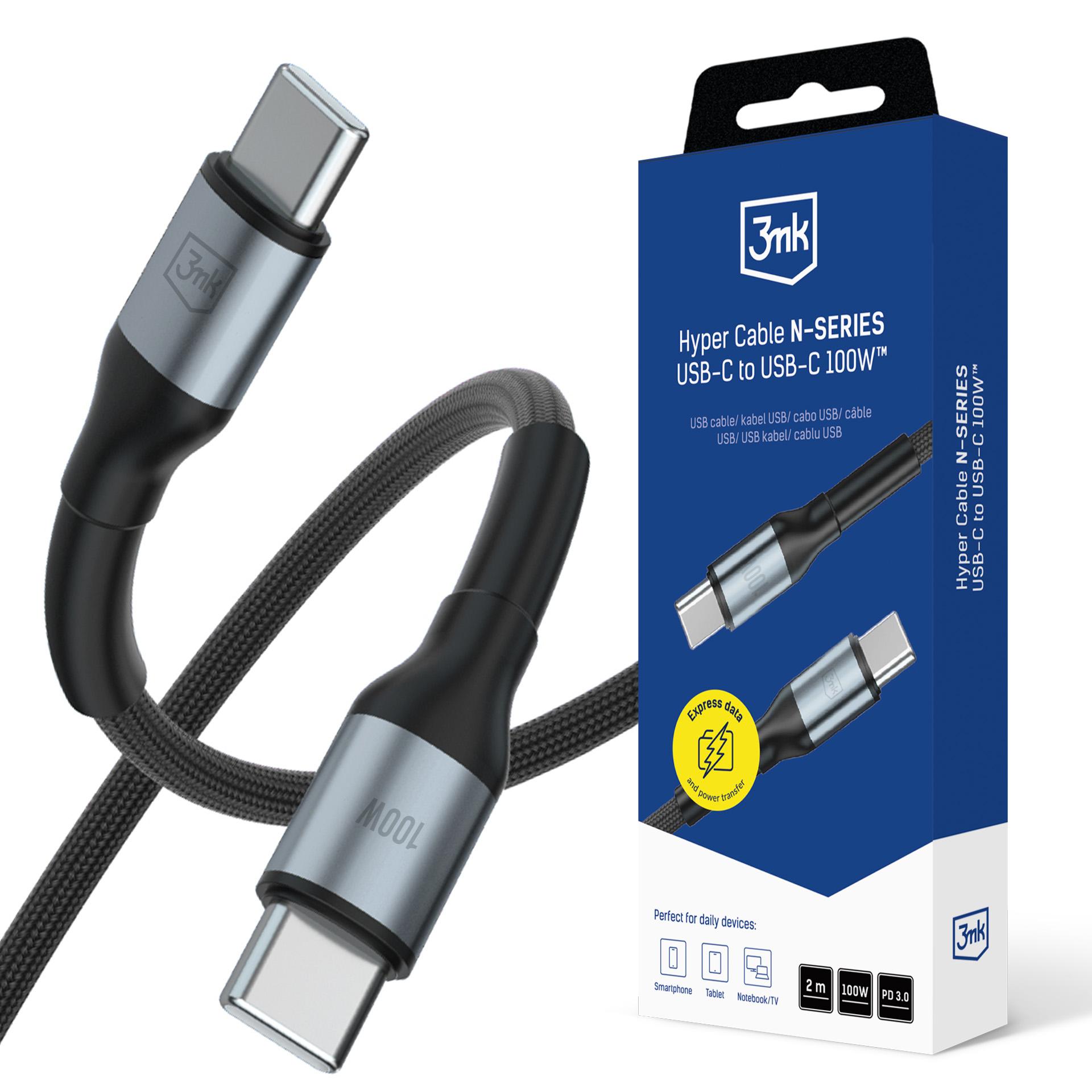3mk Hyper Cable N-SERIES USB-C / USB-C 2m 20V/5A 100W laidas - juodas