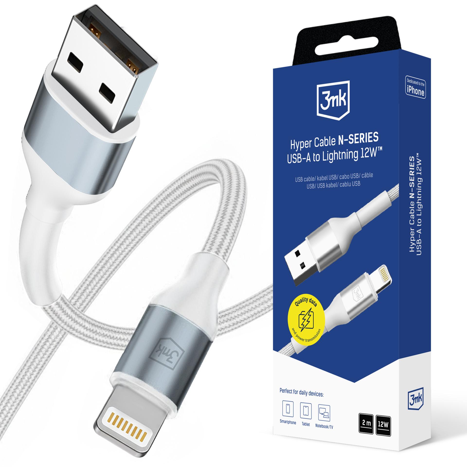 3mk Hyper Cable N-SERIES USB-A / Lightning 2m 5V/2.4A 12W laidas - baltas