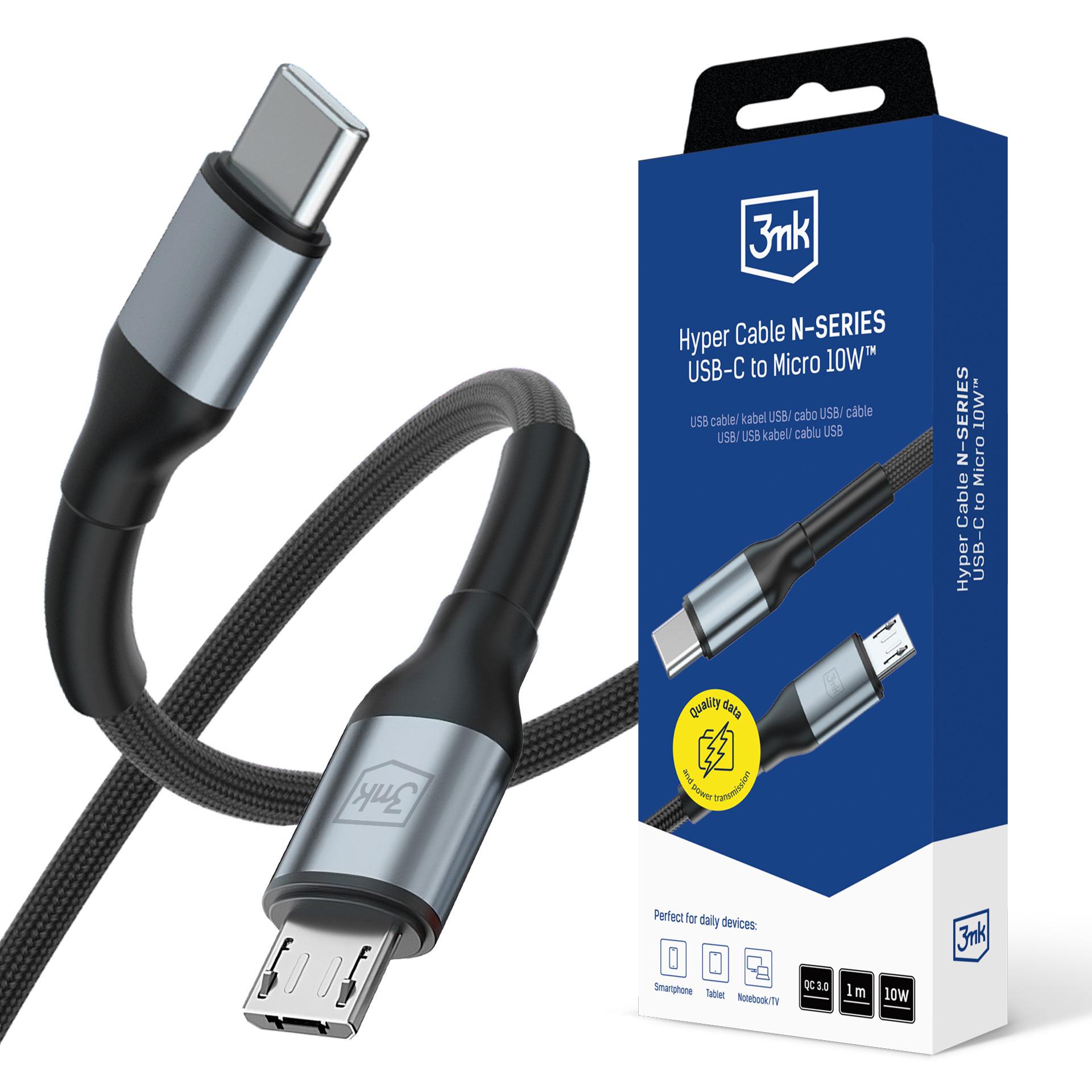 3mk Hyper Cable N-SERIES USB-C / MicroUSB 1м QC 3.0 5V/2A 10W — чёрный