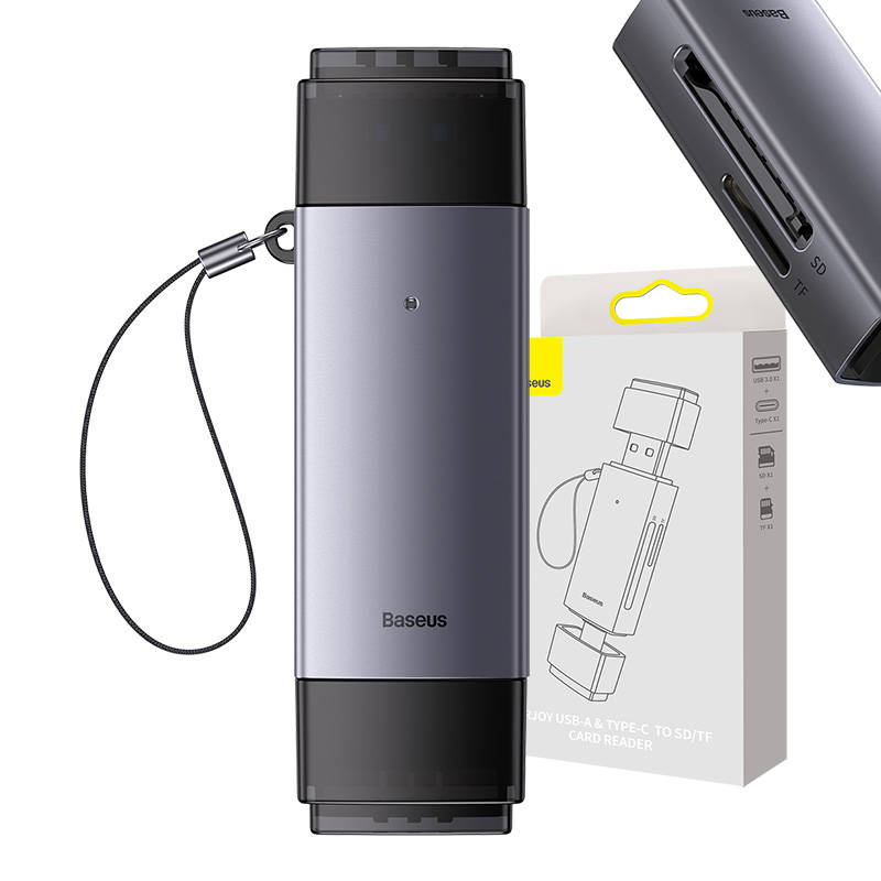 Baseus Lite Series SD/TF atminties kortelių skaitytuvas, USB + USB-C (pilkas)