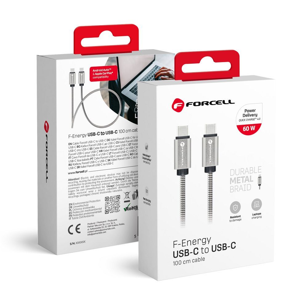 Кабель USB C to USB C Forcell F-Energy QC4.0 PD 3A 60W Metal 1 m C237 серебряный
