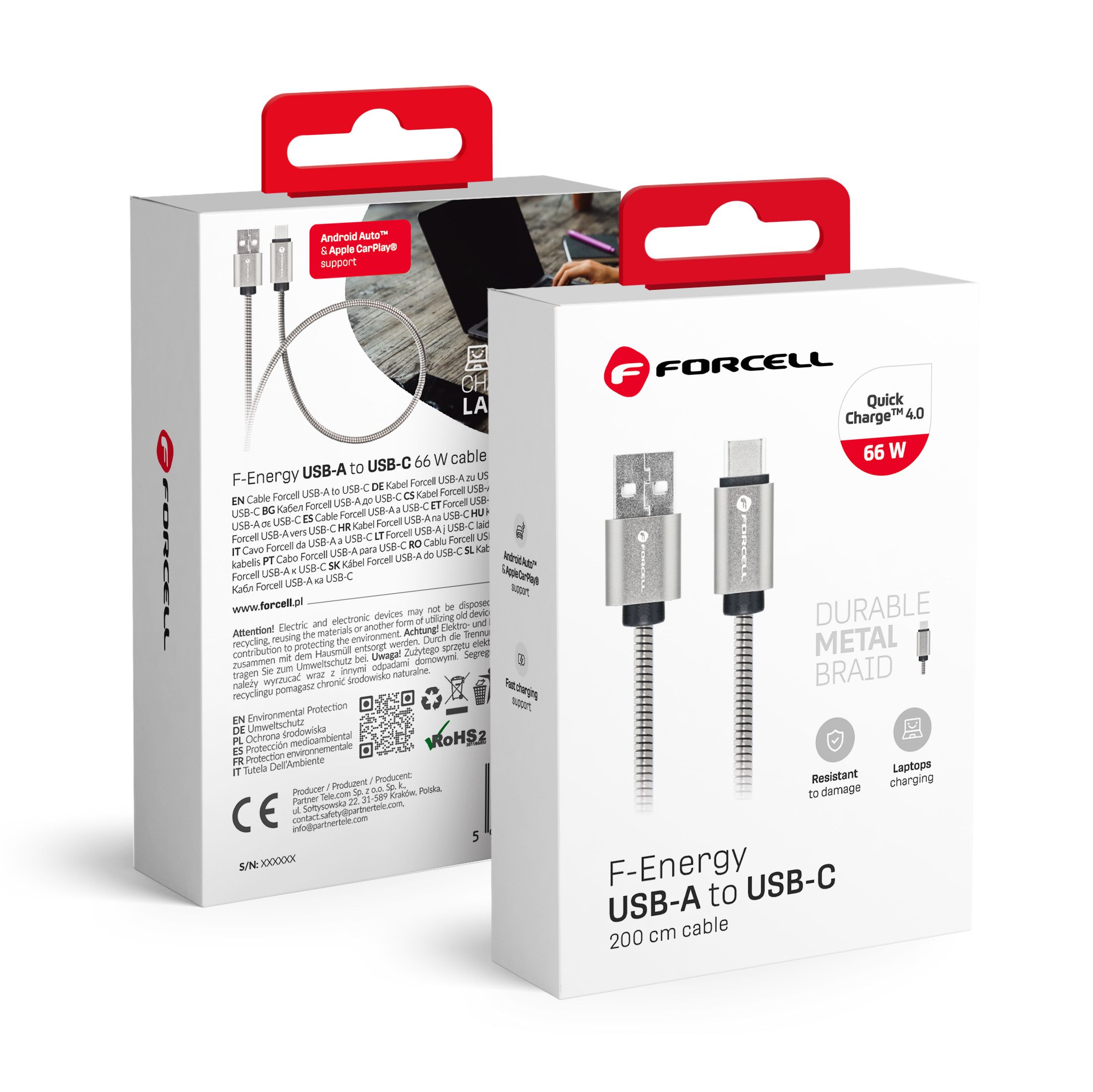 Кабель USB A to USB C Forcell F-Energy QC4.0 3A 66W Metal 2 m C234 серебряный