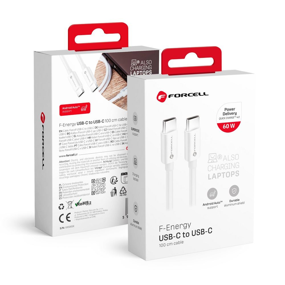 Кабель USB C to USB C Forcell F-Energy QC4.0 PD 3A 60W 1 m C338 белый