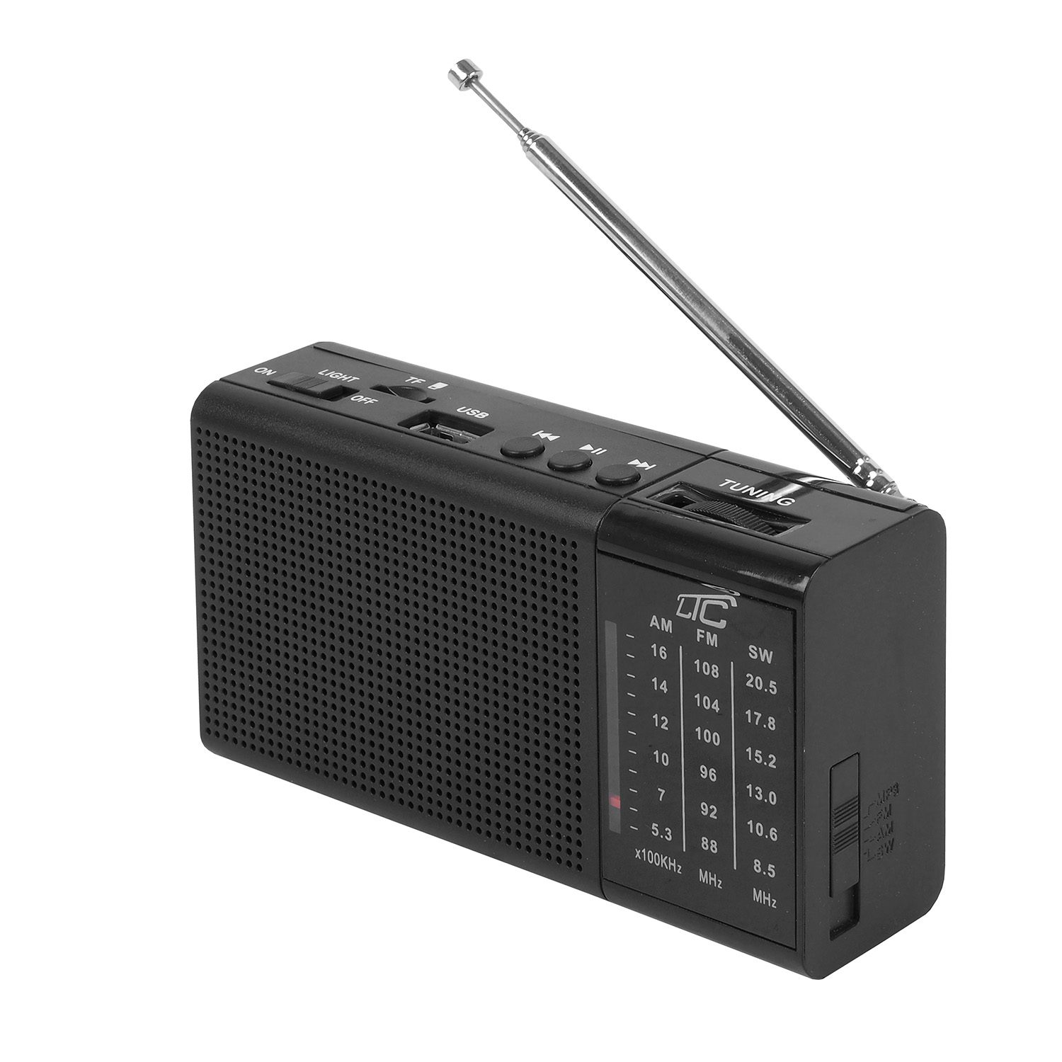 Nešiojamas radijas LTC REGA, USB, TF, AUX, mini LED žibintuvėlis, juodas