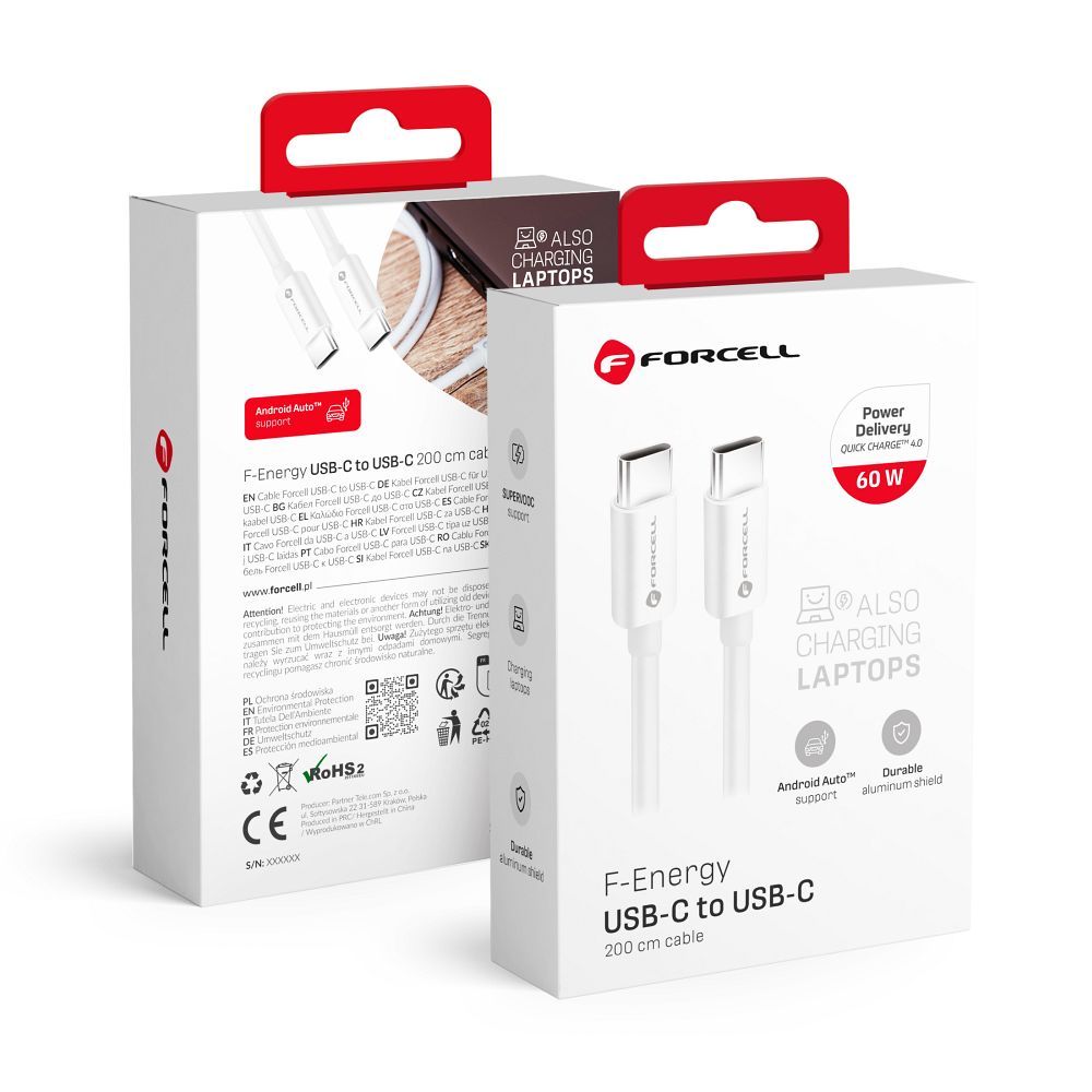 Кабель USB C to USB C Forcell F-Energy QC4.0 PD 3A 60W 2 m C338 белый