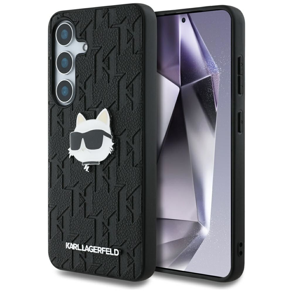 Dėklas Karl Lagerfeld Odinis Monogram Pin Logo Choupette Head Samsung Galaxy S25 juodas