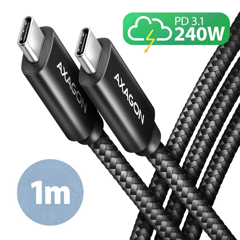 Axagon USB-C į USB-C laidas 1m 240W pintas juodas BUCM2-CM10AB
